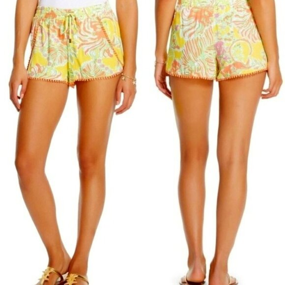 Lilly Pulitzer for Target Happy Place Yellow Orange Challis Pompom Shorts Size M - Picture 4 of 11
